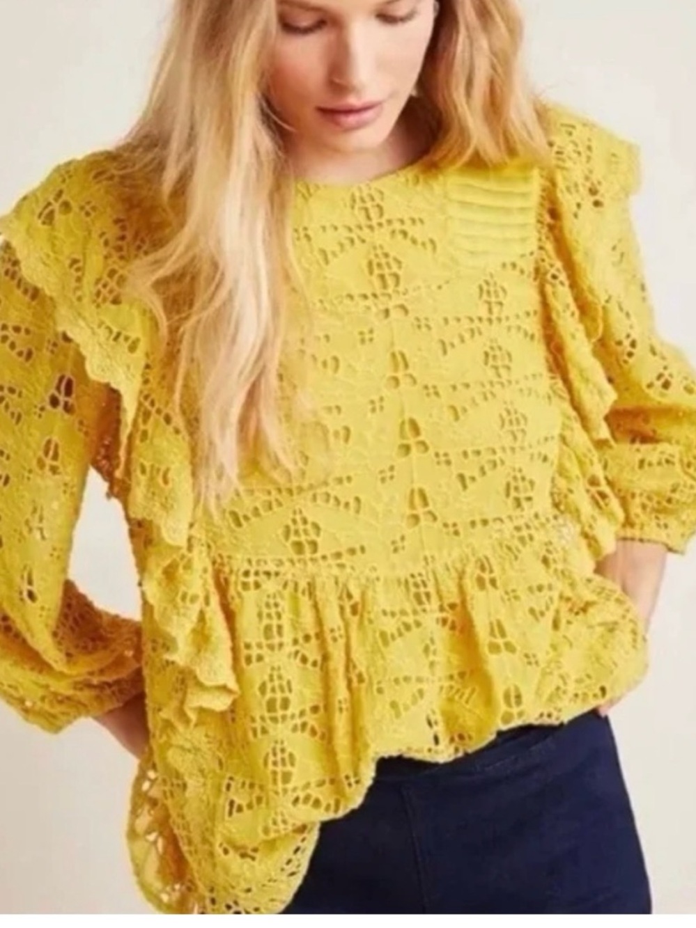 Anthropologie Yellow Eyelet Lace Ruffle Blouse Size 8